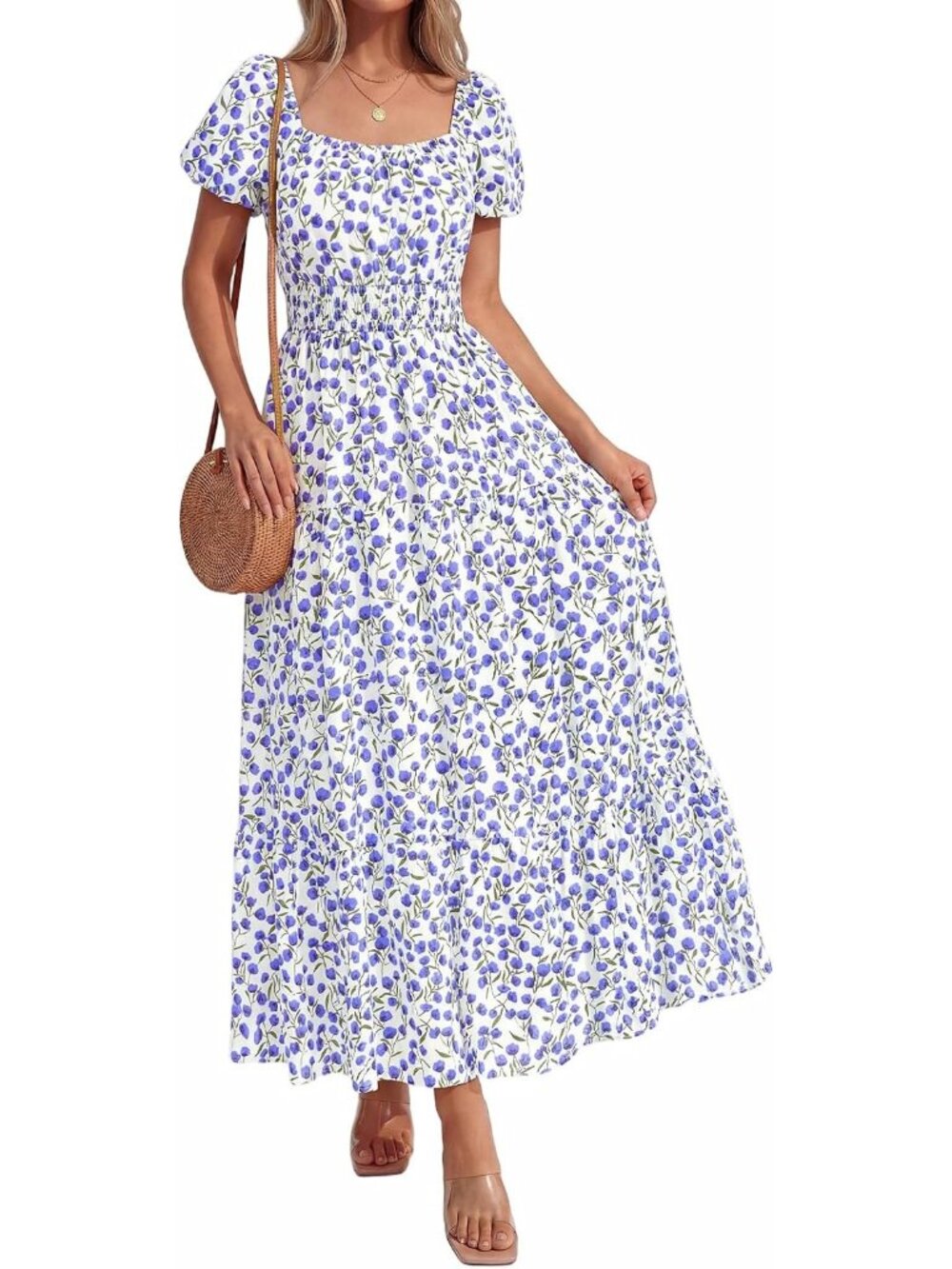 Women's White Blue Summer 2026 Spring Floral Short Sleeve A-Line Maxi Dresses